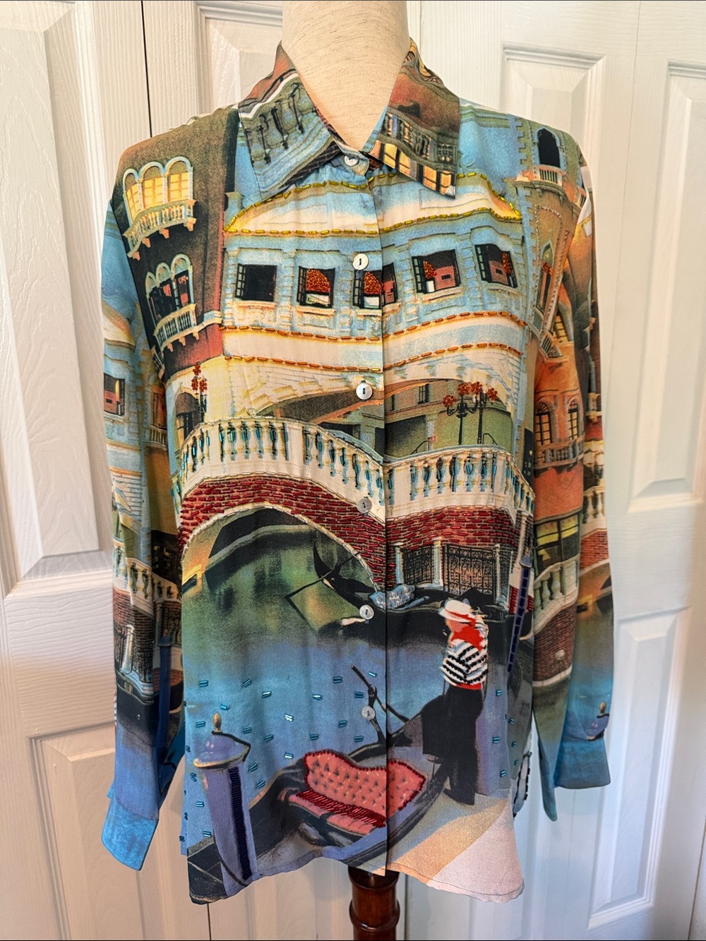 Vintage Nicole Taylor Silk Scenic Print Button-Up Blouse in Blue and Teal Sz L